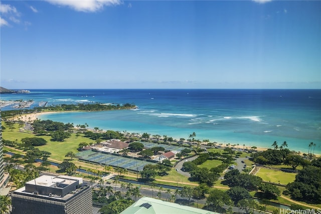 bird's eye view with a water view