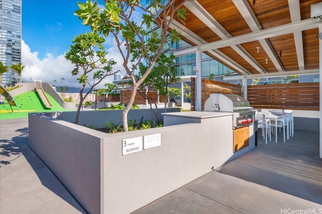 view of patio with area for grilling and a playground