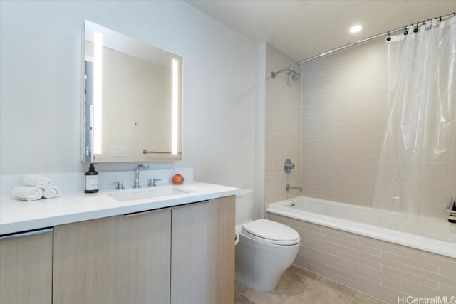 full bathroom with vanity, shower / bath combo, toilet, and tile patterned flooring