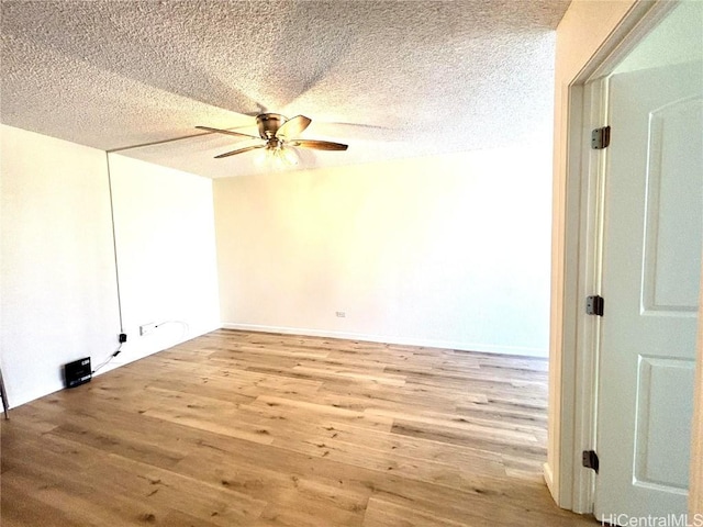 unfurnished room with hardwood / wood-style floors, ceiling fan, and a textured ceiling