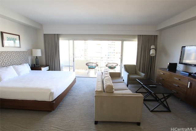 bedroom featuring dark colored carpet