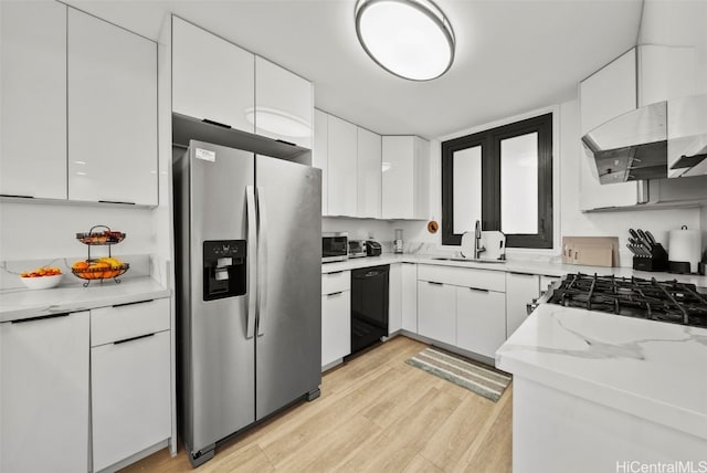 kitchen with sink, light wood-type flooring, white cabinets, extractor fan, and stainless steel fridge with ice dispenser