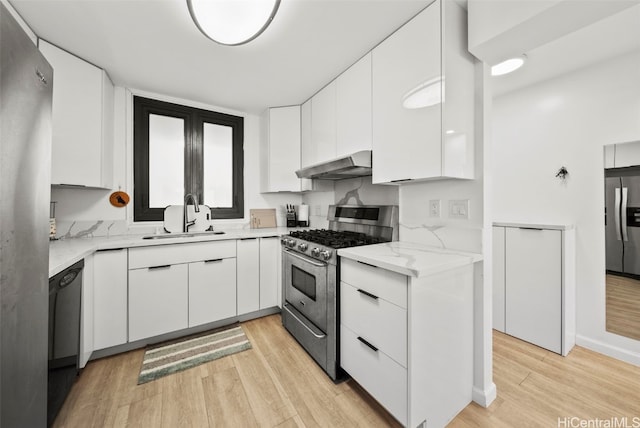 kitchen featuring sink, white cabinetry, stainless steel appliances, and range hood