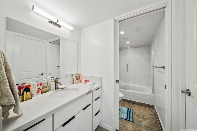 1600 Ala Moana Blvd Unit 3702, Honolulu, HI 96815 - full bathroom with vanity, bath / shower combo with glass door, baseboards, toilet, and stone finish floor