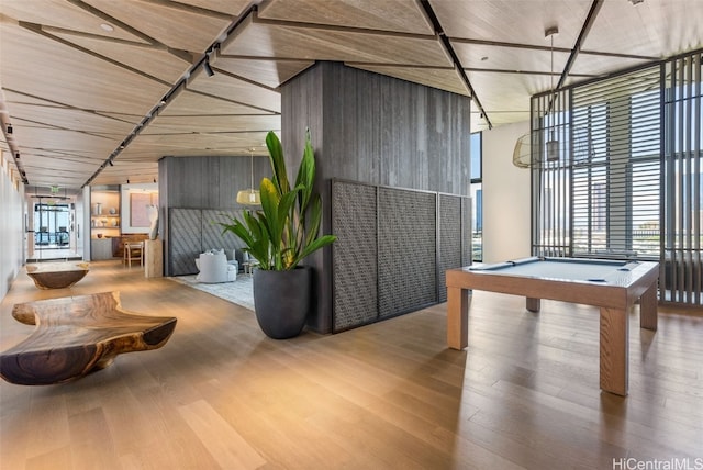 playroom featuring pool table, wooden walls, light wood-type flooring, and a wealth of natural light