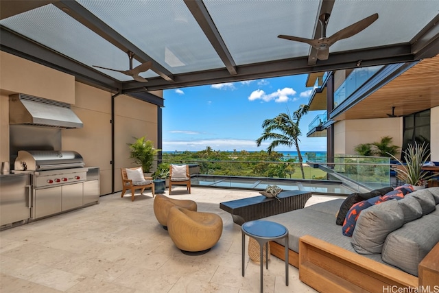 view of patio with area for grilling, outdoor lounge area, a pergola, and ceiling fan