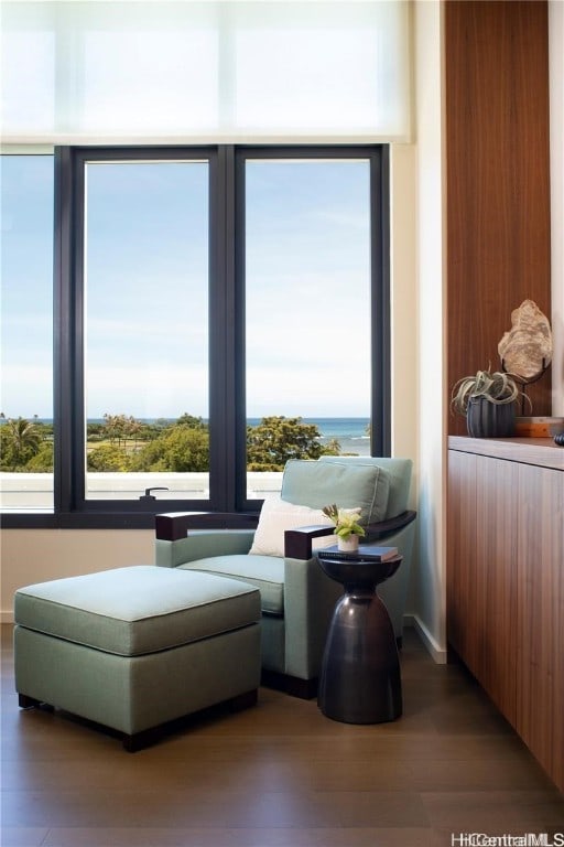 sitting room featuring a water view and hardwood / wood-style flooring