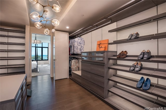 walk in closet featuring a chandelier and dark hardwood / wood-style flooring