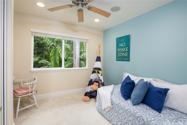 bedroom featuring ceiling fan and carpet flooring