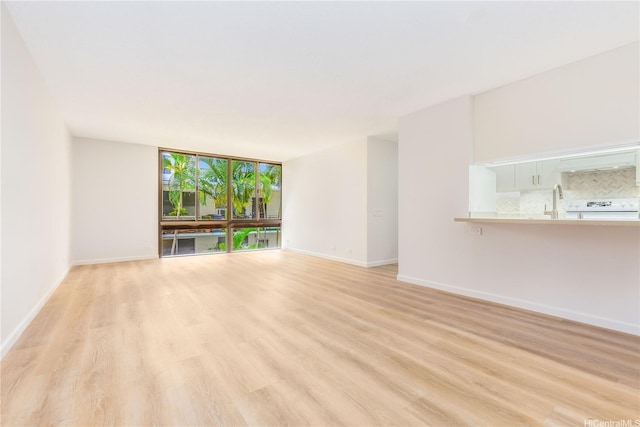 unfurnished living room with light wood-type flooring, expansive windows, and baseboards