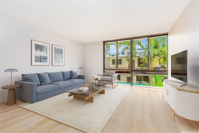 living room with wood finished floors and floor to ceiling windows