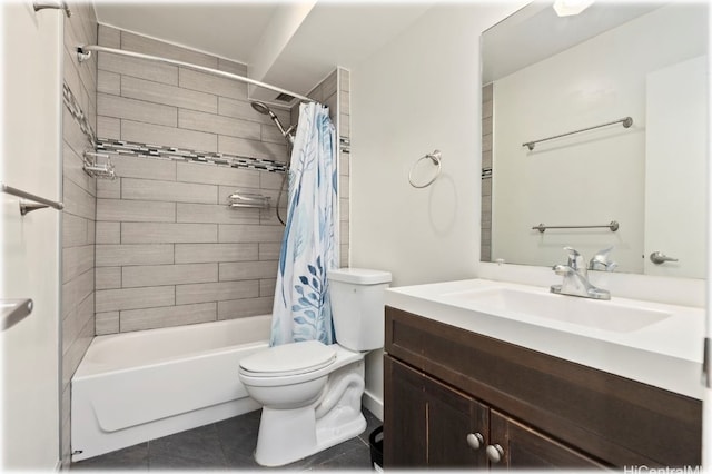 full bathroom with toilet, vanity, shower / bathtub combination with curtain, and tile patterned flooring