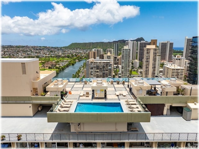 bird's eye view featuring a water and mountain view