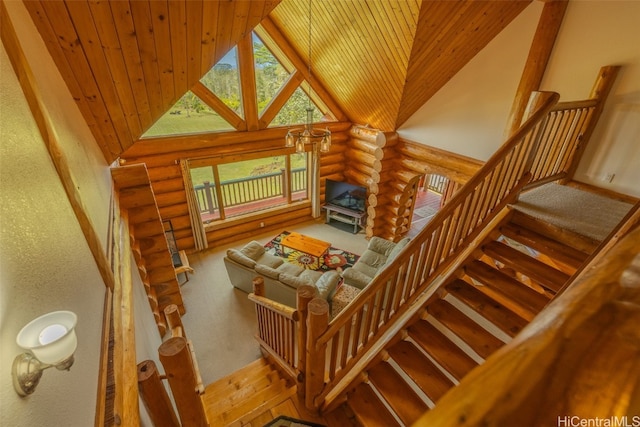 living room with lofted ceiling and wood ceiling