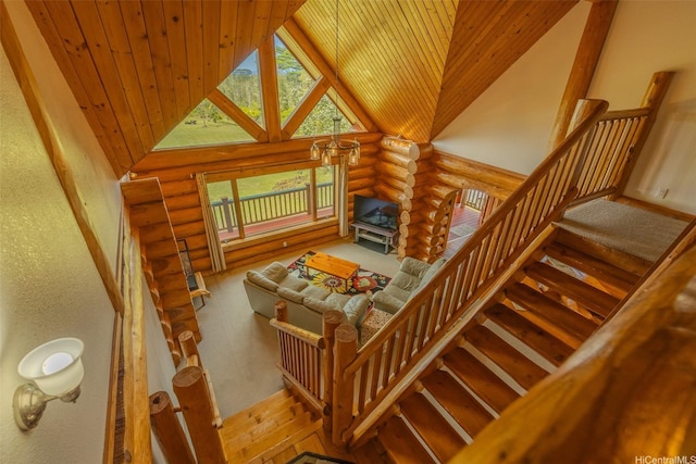 16-1125 Poouli Rd, Kurtistown, HI 96760 - stairs with rustic walls, high vaulted ceiling, wood finished floors, wood ceiling, and a wood stove