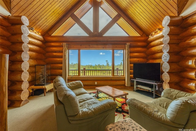 16-1125 Poouli Rd, Kurtistown, HI 96760 - carpeted living room with high vaulted ceiling, log walls, and wood ceiling