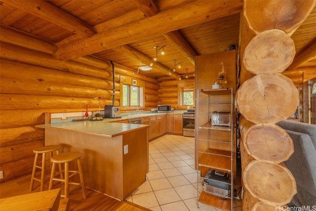 kitchen featuring beam ceiling, kitchen peninsula, stainless steel appliances, and wooden ceiling