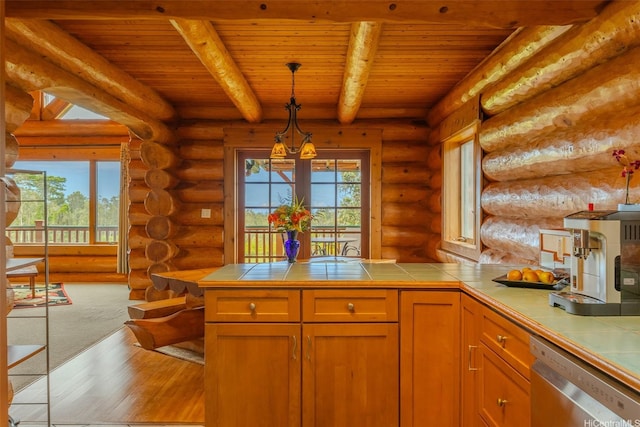 16-1125 Poouli Rd, Kurtistown, HI 96760 - kitchen featuring tile countertops, dishwasher, wooden ceiling with exposed beams, pendant lighting, and wood finished floors