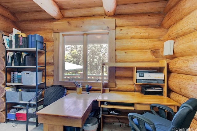 office with log walls, beamed ceiling, and wood ceiling