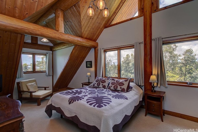 16-1125 Poouli Rd, Kurtistown, HI 96760 - bedroom featuring carpet flooring, beam ceiling, a chandelier, baseboards, and high vaulted ceiling