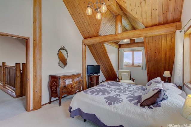 16-1125 Poouli Rd, Kurtistown, HI 96760 - bedroom featuring a chandelier, carpet, lofted ceiling, and wooden ceiling