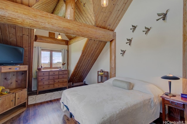 bedroom with dark wood-type flooring, high vaulted ceiling, and wooden ceiling