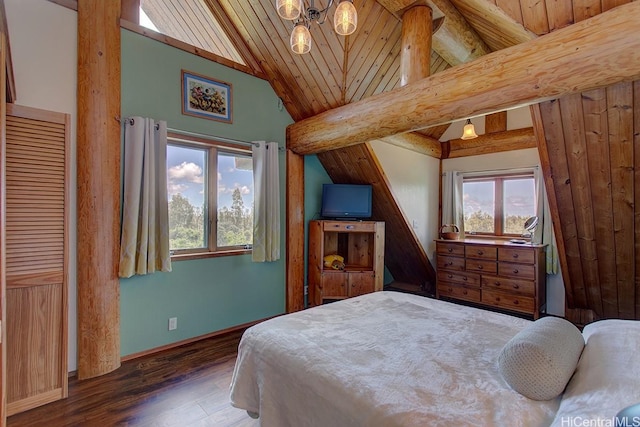 16-1125 Poouli Rd, Kurtistown, HI 96760 - bedroom with wooden ceiling, wood finished floors, baseboards, and a chandelier