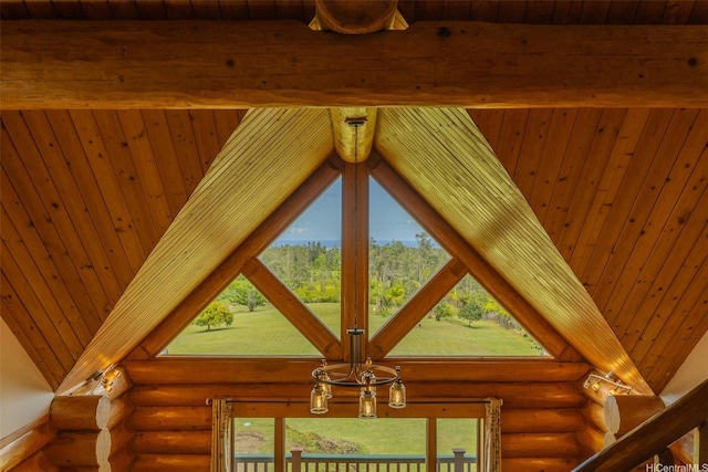 16-1125 Poouli Rd, Kurtistown, HI 96760 - detailed view of log walls and wood ceiling with exposed beams