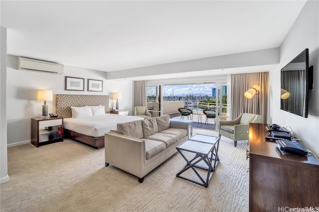 carpeted bedroom featuring a wall mounted air conditioner and access to exterior