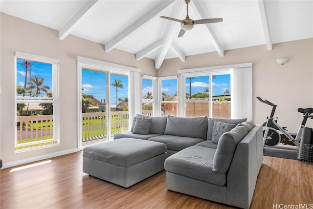 living room with ceiling fan, hardwood / wood-style flooring, and lofted ceiling with beams