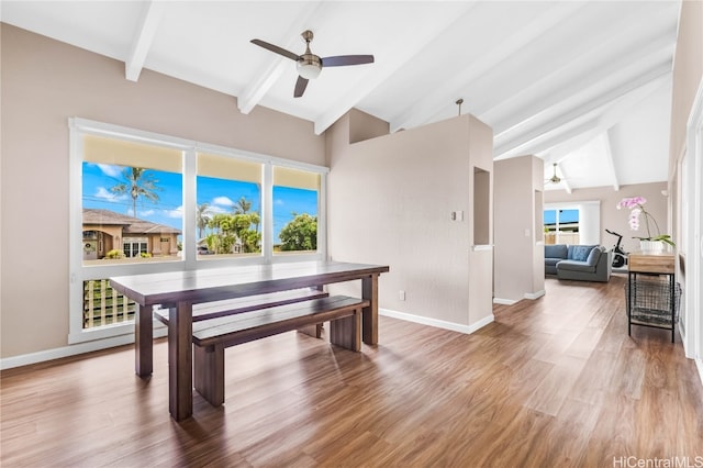 dining room featuring lofted ceiling with beams, hardwood / wood-style flooring, and ceiling fan