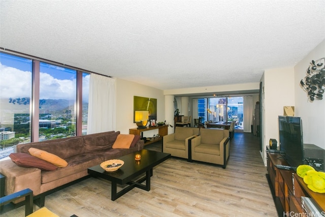 living room featuring a wealth of natural light, light hardwood / wood-style flooring, and a textured ceiling