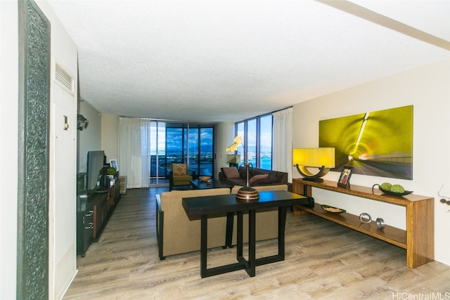 living room featuring expansive windows, a textured ceiling, and wood-type flooring