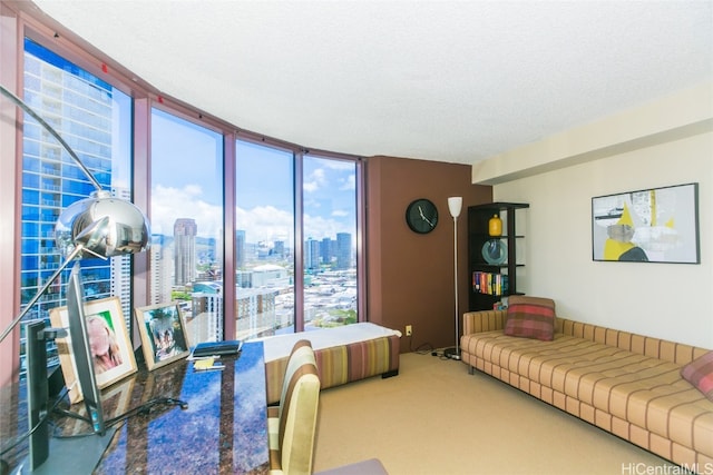 living room with a textured ceiling, carpet floors, and plenty of natural light