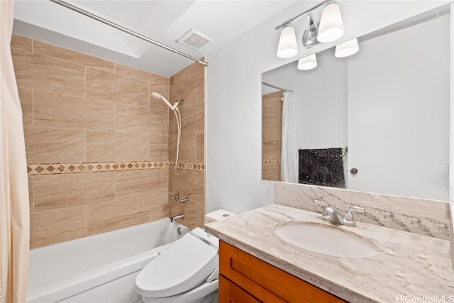 full bathroom featuring vanity, toilet, and shower / bathtub combination with curtain