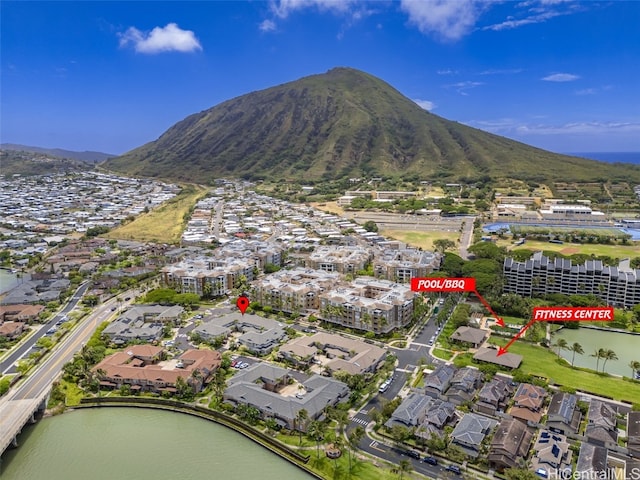 aerial view with a water and mountain view