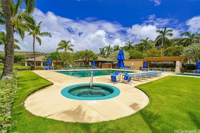 view of pool with a lawn, a pergola, a community hot tub, and a patio