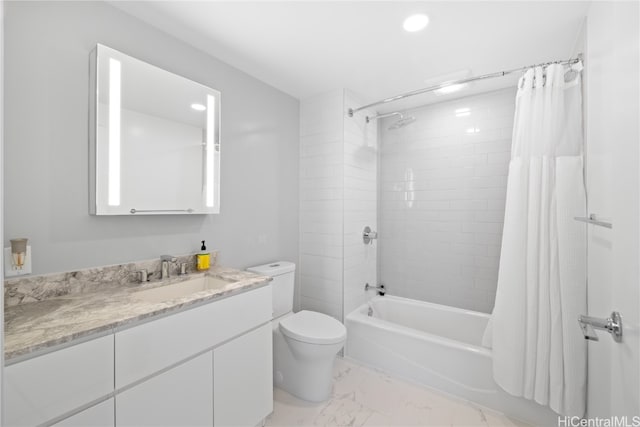 full bathroom with vanity, toilet, and shower / bathtub combination with curtain