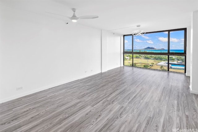 spare room with light hardwood / wood-style floors, expansive windows, and ceiling fan with notable chandelier