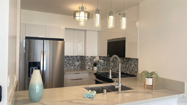 322 Aoloa St Unit Ph-9, Kailua, HI 96734 - kitchen with stainless steel fridge with ice dispenser, tasteful backsplash, modern cabinets, and white cabinetry