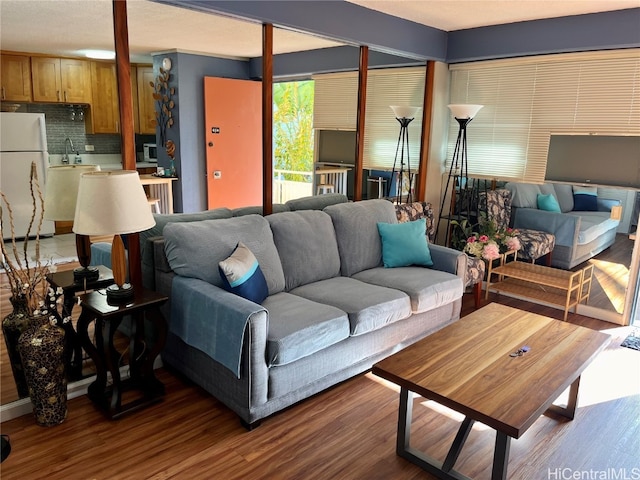 living room with sink and hardwood / wood-style floors