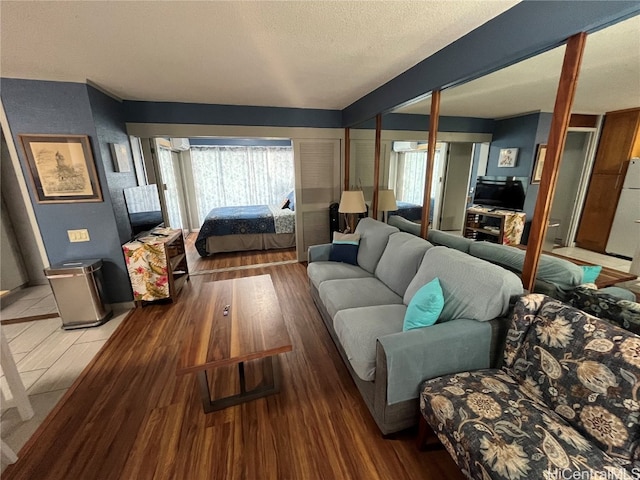 living room with hardwood / wood-style floors and a textured ceiling