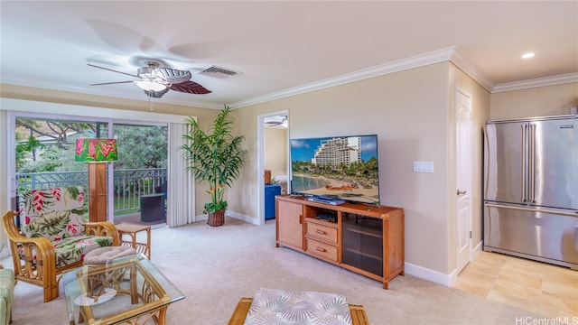 living room with crown molding, light carpet, and ceiling fan