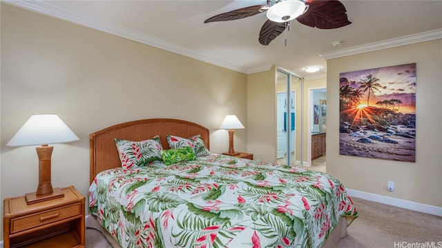 bedroom featuring light carpet, ceiling fan, ornamental molding, a closet, and ensuite bath