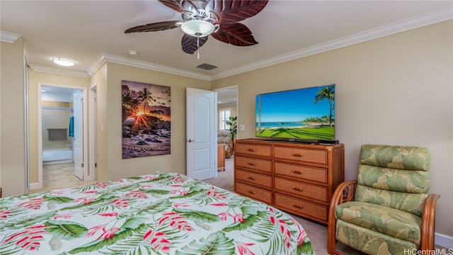 bedroom featuring ceiling fan, crown molding, ensuite bath, and light colored carpet