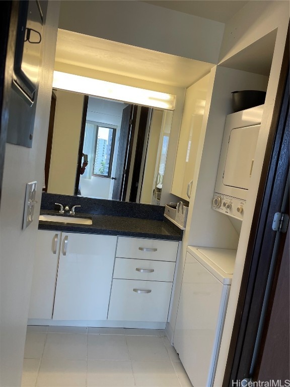 bathroom with vanity and tile patterned flooring