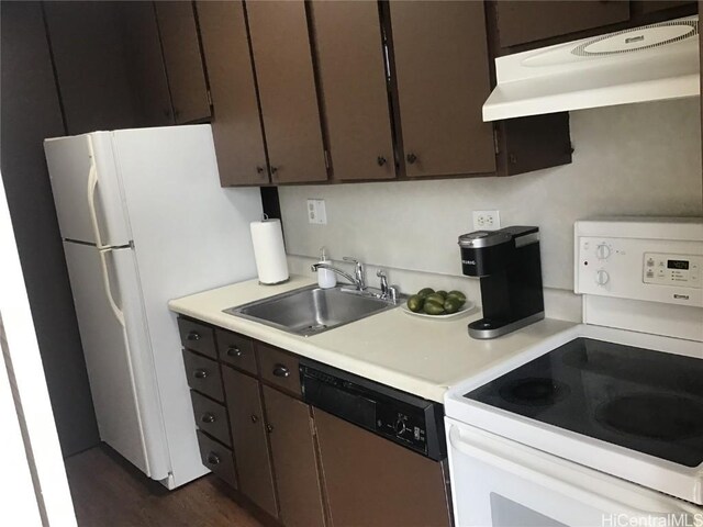 kitchen with stainless steel dishwasher, dark brown cabinets, sink, and white electric range oven