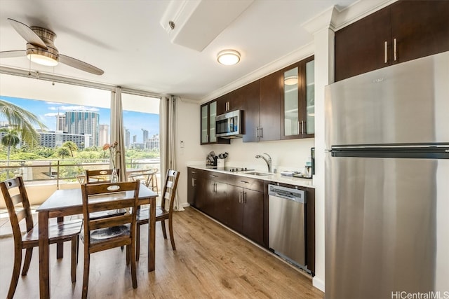 kitchen featuring crown molding, ceiling fan, dark brown cabinets, light hardwood / wood-style floors, and stainless steel appliances