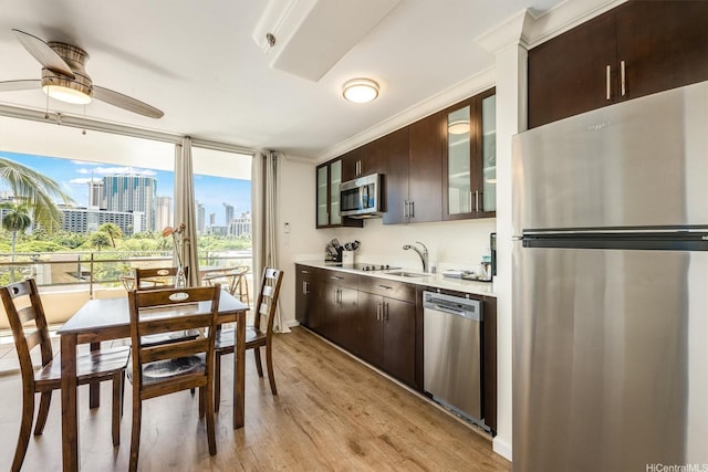 kitchen with stainless steel appliances, dark brown cabinetry, light wood-style floors, a city view, and light countertops