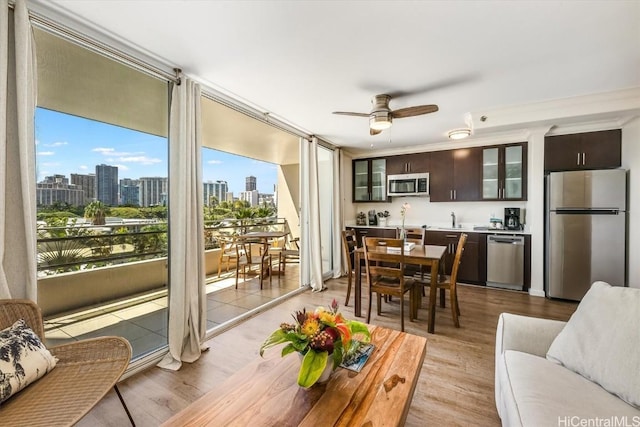 interior space featuring floor to ceiling windows, ceiling fan, and light hardwood / wood-style floors